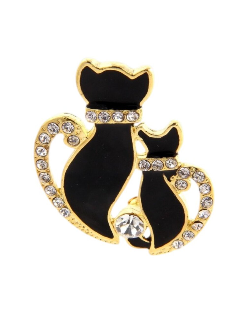 Goldtone Double Cat Rhinestone Pave Pin Brooch